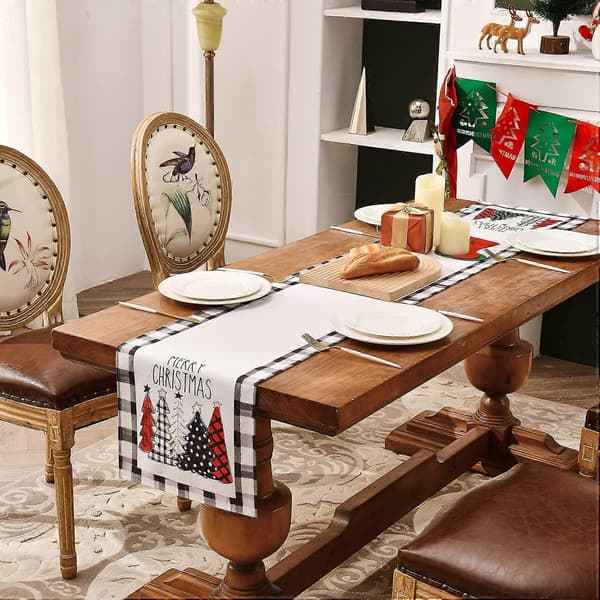 Juledug Lang Sort og Hvid Buffalo Plaid Linneddug til Jule- og Vinterdekoration (Juletræer) 183cm*33cm