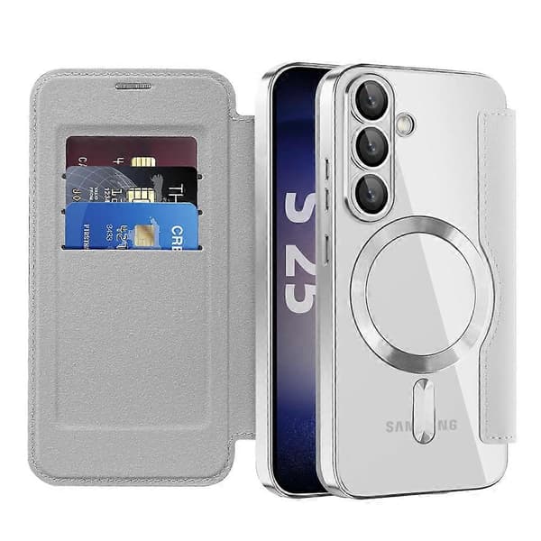 För Samsung Galaxy S25+ Mobilskal, Kompatibelt med MagSafe RFID-blockerande Läder Mobilskal - Silver (Silver)