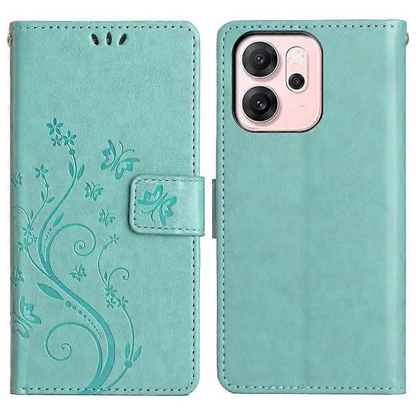 Læder Wallet Telefon Cover med Sommerfugl Blomsterprint og Rem til Oppo Reno14 5G (Global Version) - (Lyseblå, Lyseblå)