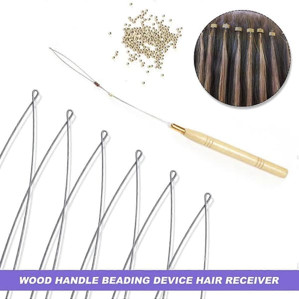 Hårförlängning Loop Needle Threader Tool, Trä Hårförlängning Dragkrok Verktyg för Micro Rings Nano pärlor Styling Tillbehör 8 st, 233mm