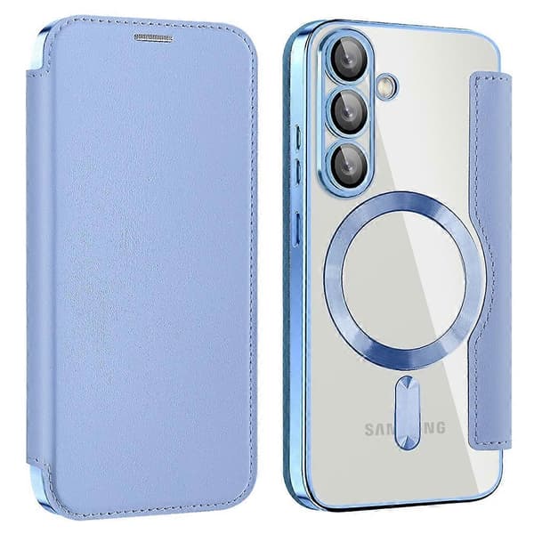 För Samsung Galaxy S25+ Mobilskal, Kompatibelt med MagSafe RFID-blockerande Läderfodral - Blå (Blå)