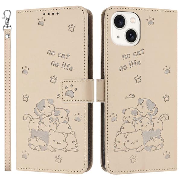 Telefoncover med rem til iPhone 15 Plus/14 Plus med katteprint læderpung - Beige (Beige)