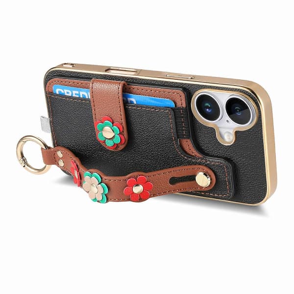 För iPhone 16 Plus Mobilskal Korthållare Läder Baksida 3D Blomma Armband - Svart (Svart)