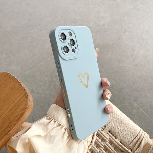 Kompatibel med iPhone 13 Pro Max Cover, Guld Hjerte Mønster Flydende Silikone Cover til Kvinder (lyse cyan)