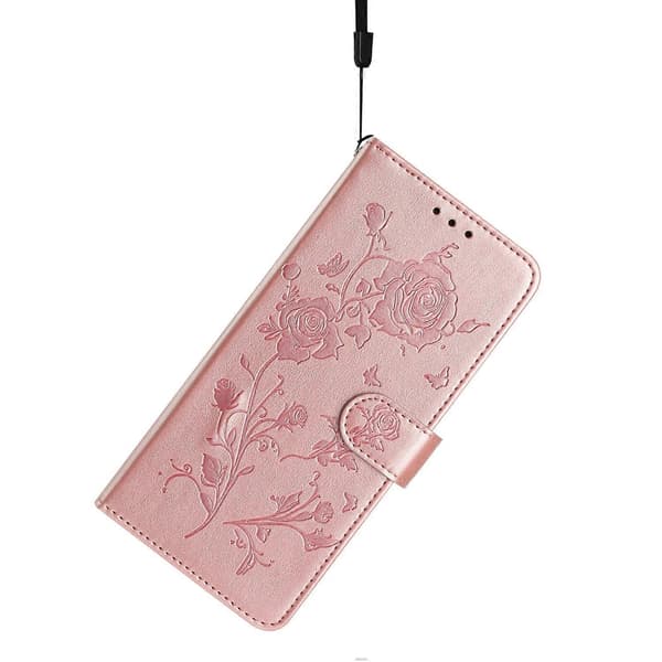 Plånboksfodral för iPhone 17 Pro Rosmönster Tryckt Läder Flip Ställ Telefonskyddsfodral med Rem (Rosa Guld, Roséguld)