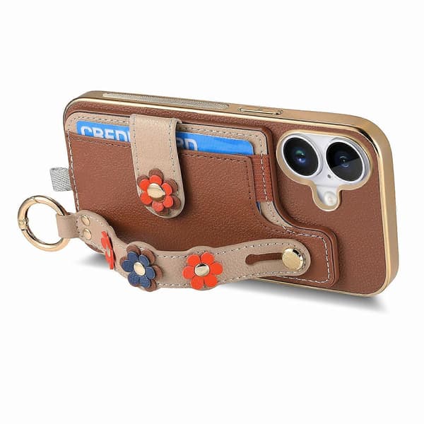 Til iPhone 16 Plus Telefon Cover Kortholder Læder Bagside 3D Blomst Armbånd - Brun (Brun)
