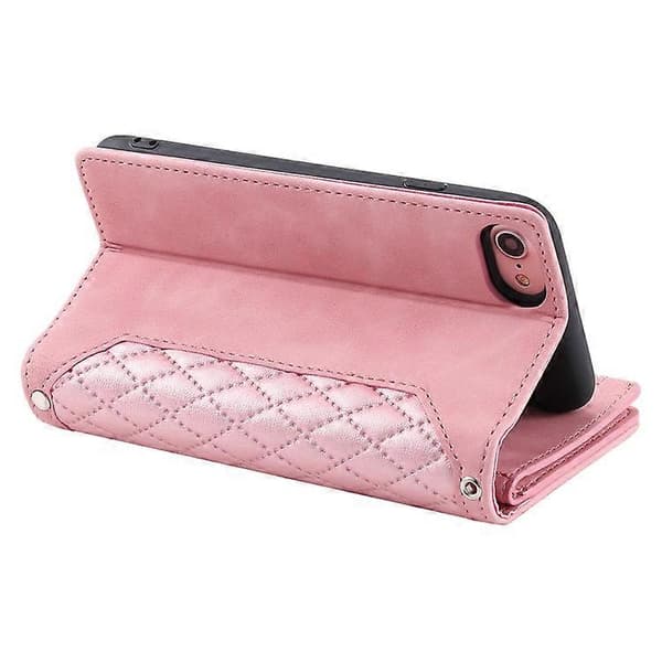 Mobilskal för iPhone 16e Diamantmönstrad Plånbok Läderfodral med Axelrem (Rosa Guld)