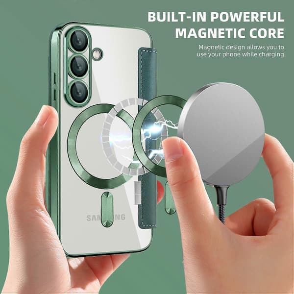 Til Samsung Galaxy S25+ Telefoncover, Kompatibelt med MagSafe RFID-blokerende lædertelefoncover (Sort Grøn)