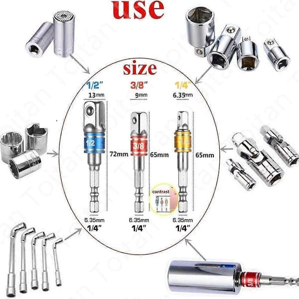 Topholderadaptere til boremaskiner/slagboremaskiner. Sæt med 3 1/4\", 1/2\", 3/8\" firkantede drivpatronadaptere i kromvanadium