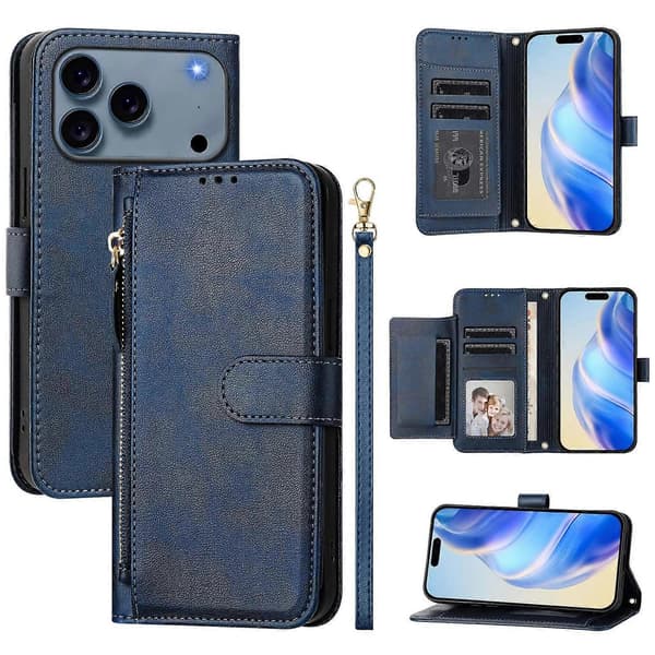 För iPhone 17 Pro Telefonfodral med Dragkedja Ficka Multipla Kortplatser Läder Telefonskyddsfodral (Blå, Blå)