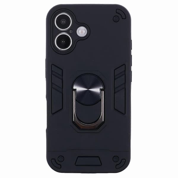 För iPhone 16 Plus PC+TPU anti-fall mobiltelefonfodral med ringhållare - svart (svart)