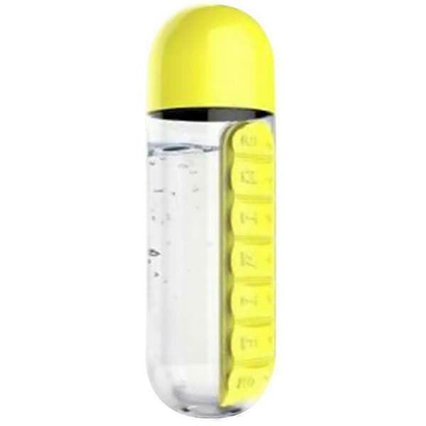 Bærbar 2-i-1 pilleboks/flaske - 600ml (gul) 1 stk