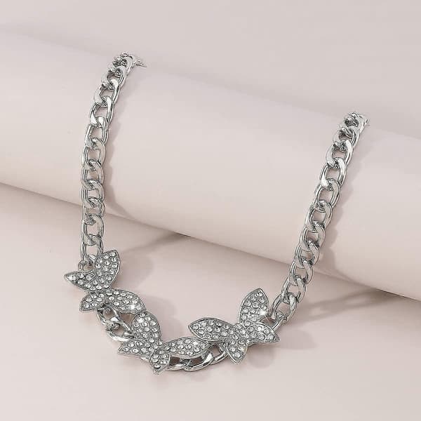 Boho Rhinestone Sommerfugl Vedhæng Choker Halskæde Statement Krystal Cubansk Kæde Halskæde Sølv Kort Halskæde til Kvinder og Piger (Sølv)