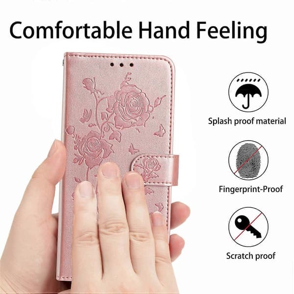 Plånboksfodral för iPhone 17 Pro Max, ros-mönstrat tryckt läder flip-ställ, skyddande telefonfodral med rem
