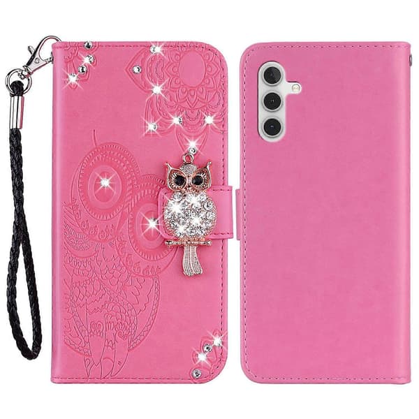 Strass Telefonfodral för Samsung Galaxy A54 5G Tryckt Uggla Blomma Läderfodral med Ställ Plånbok (Rosa, Ros)