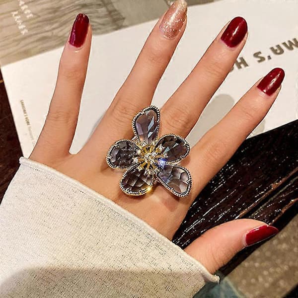 Rhinestone Stor Blomsterring Dame Retro Sød Krystal Guld + Grå