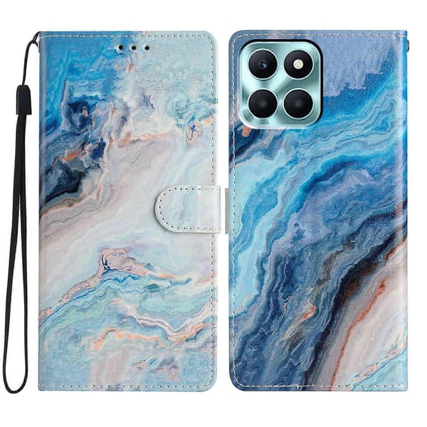 Honor X6c 4G Wallet Telefoncover PU Læder Trykt Stativ Telefoncover med Rem (Blå, Blå Marmor)