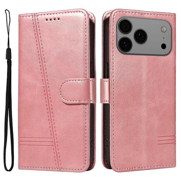 For iPhone 17 Pro Max Wallet Case T-Line Læder Telefon Beskyttelsesetui Holder (Pink Guld, Rose Guld)