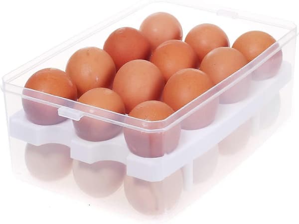 Eggboks med to nivåer - for 24 egg - Høykvalitetsboks, bærehåndtak, eggstativ for kjøleskap, lokk og klips, blå