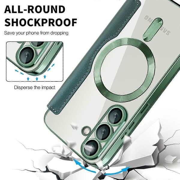 Til Samsung Galaxy S25+ Telefoncover, Kompatibelt med MagSafe RFID-blokerende lædertelefoncover (Sort Grøn)