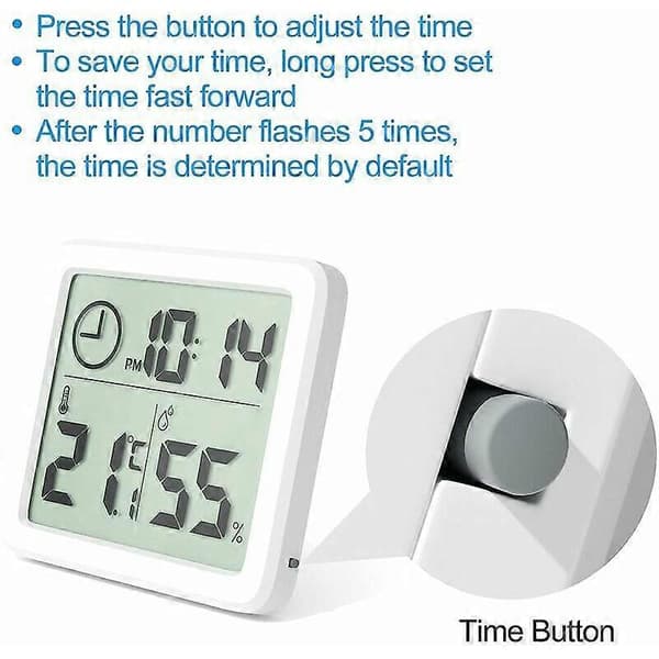 Mini Digitalt Innendørs Termometer, Profesjonelt Bærbart Hygrometer med Stor Skjerm og Klokke, Nøyaktig Hvitt Termometer, Hygrometer for Hjem, Barnerom