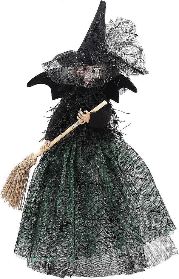 Halloween Heks Trætop Ornament, Efterårshøst Spøgelsesløse Hekse Dukke (Grøn)