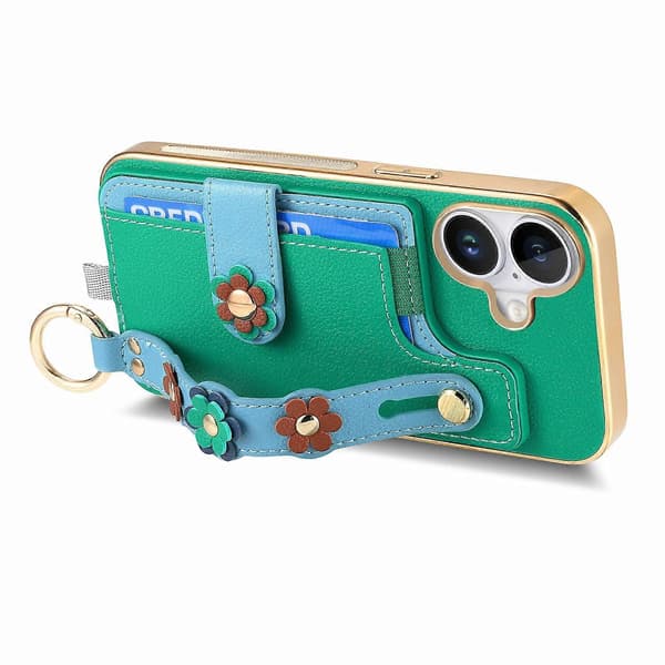 Til iPhone 16 Plus Telefon Cover Kortholder Læder Bagside 3D Blomst Armbånd - Grøn (Grøn)