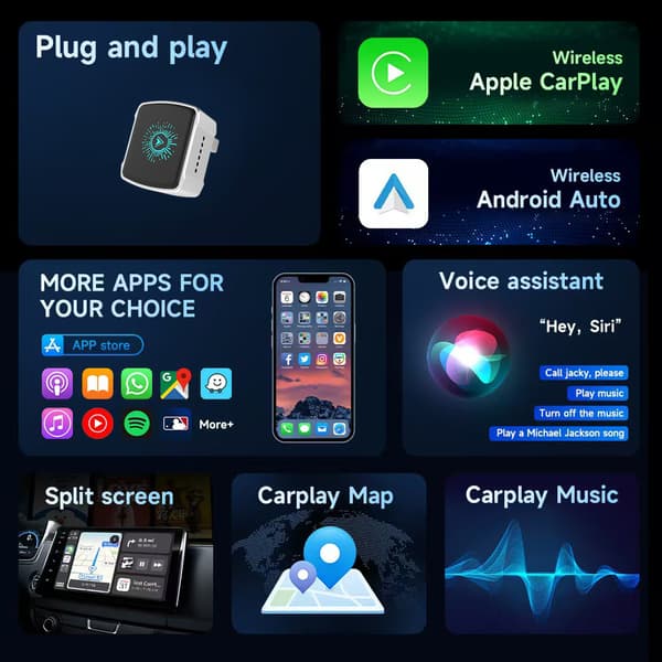 Trådløs Carplay-boks Android Auto to-i-ett bil-tilkoblings smartboks (svart)