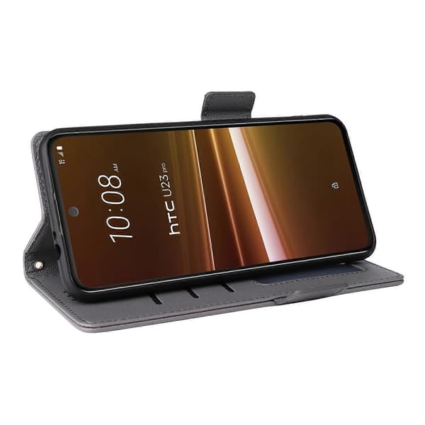 Litchi tegnebog stativ PU læder telefoncover til HTC U23/U23 Pro 5G - Grå (Grå)