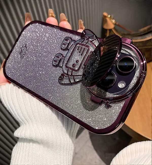 Astronaut Dold Ställ Telefonfodral för iPhone 14 Pro Max, Sött Astronaut Lins Kameraskydd Stödfodral Lyxigt Glitter Bling