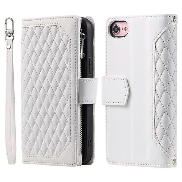 För iPhone 16e Mobilskal Diamanttryck Dragkedja Plånbok Läderfodral med Axelrem (Vit)