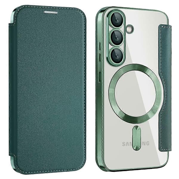 Til Samsung Galaxy S25+ Telefoncover, Kompatibelt med MagSafe RFID-blokerende lædertelefoncover (Sort Grøn)