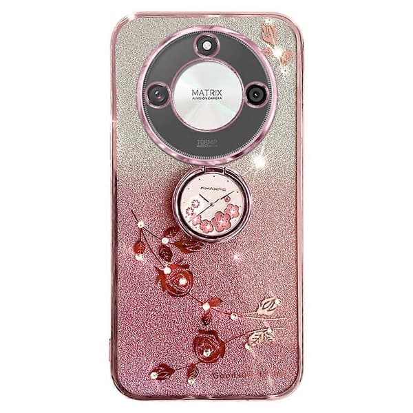 KADEM Fodral för Honor X60 5G med Ringfäste TPU Blomma Gradient Glitter Roséguld (Roséguld)
