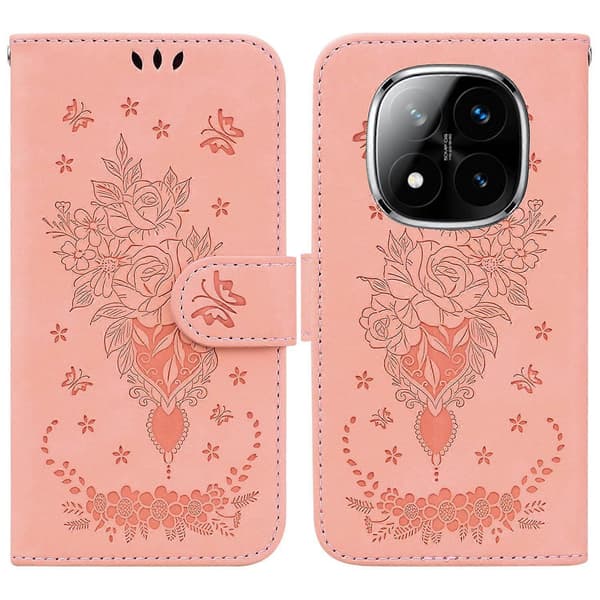 Plånboksfodral för Xiaomi Redmi Note 14 Pro 5G/Poco X7 5G med fjärils- och blomstertryck (Rosa)