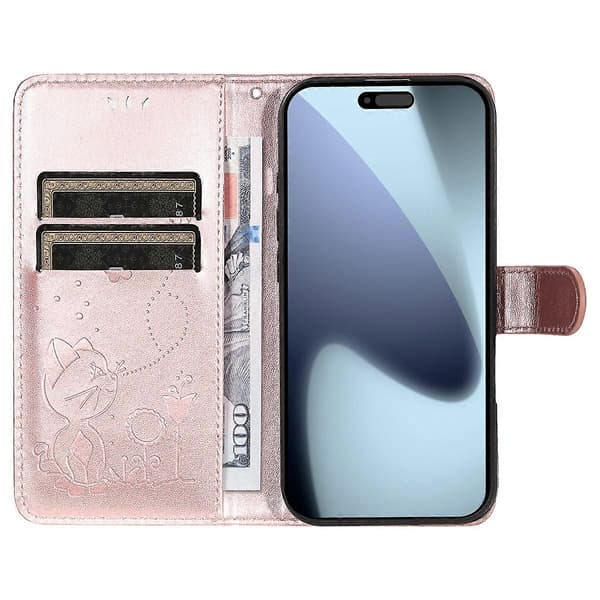 Læder Wallet Case til iPhone 17 Pro med Kat og Bi Mønster, Beskyttende Telefonholder