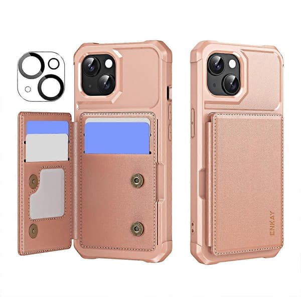 Plånboksfodral med kortfack i PU-läder + Baksida Skal med kameralinsskydd för iPhone 14 Plus (Roséguld)
