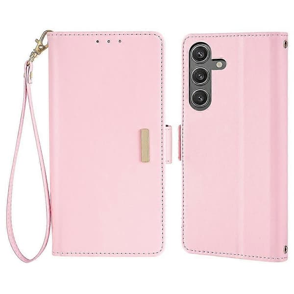 Läderplånboksfodral med RFID-blockering och stativ för Samsung Galaxy S25+ med handledsrem - Rosa (Rosa)