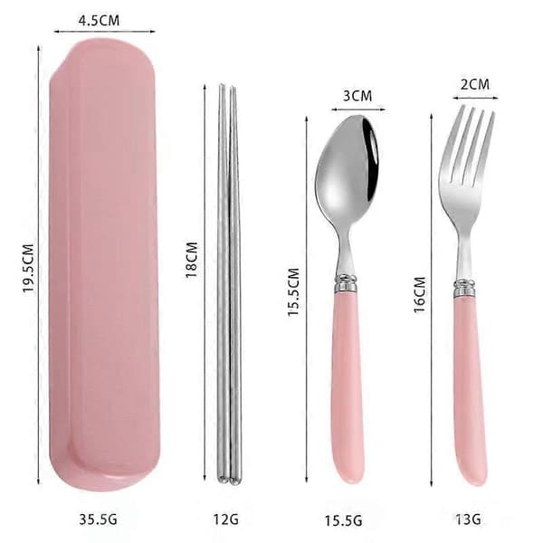 3 stk. Bærbart rustfritt stål bestikk sett med gjennomsiktig oppbevaringsboks Inkluderer gaffel skje spisepinner (rosa)