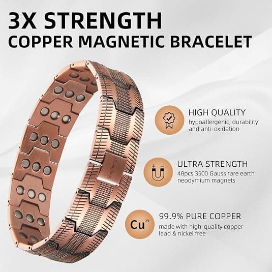 Ny Linjegraverad Retro Mode Tre-raders Fullmagnetisk Röd Koppararmband (Silver)