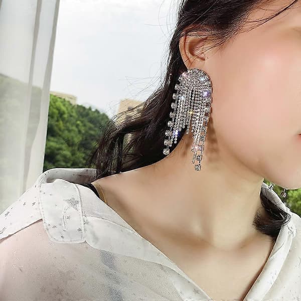 Lange Kvaster Rhinestones Øreringe Brude Lysekrone Drop Dingle Øreringe Glitrende Krystal Fringe Øreringe til Bryllup Prom