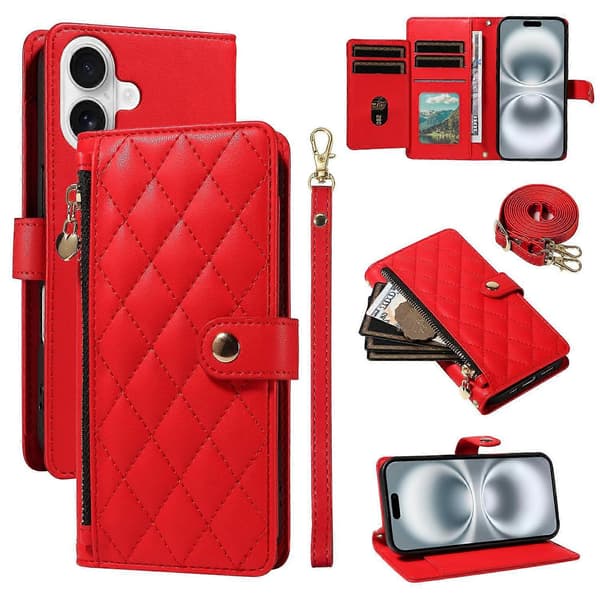 Plånboksfodral för iPhone 16 (med axelrem), Diamantläderfodral med stativ (Röd, Röd)