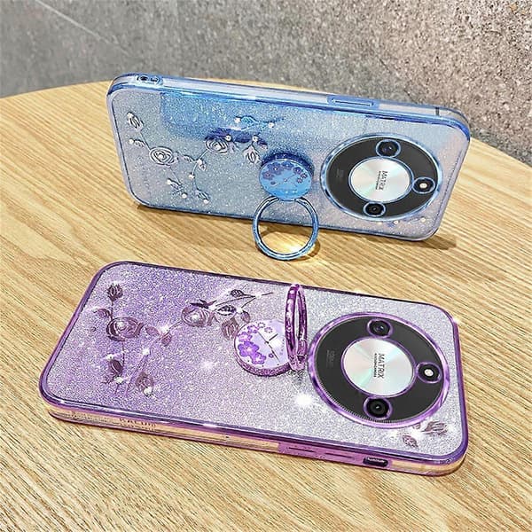 KADEM För Honor X60 5G Mobilskal Ringfäste TPU Blomma Telefonskydd Gradient Glitter - Lila (Lila)
