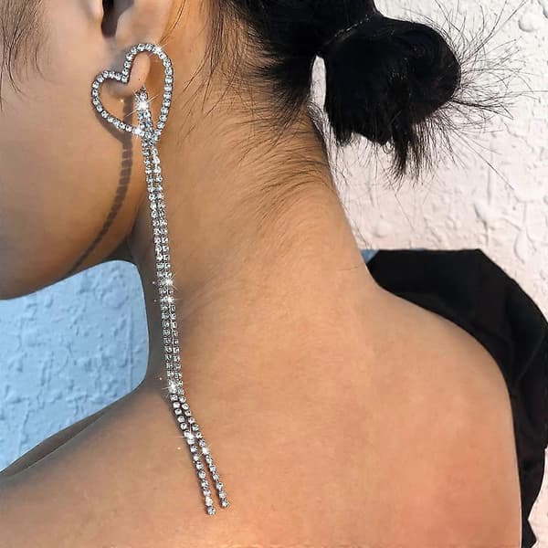 Lange Rhinestone Kvaster Øreringe Mode Sølv Boheme Kærlighed Hjerte Drop Dingle Øreringe til Kvinder og Piger