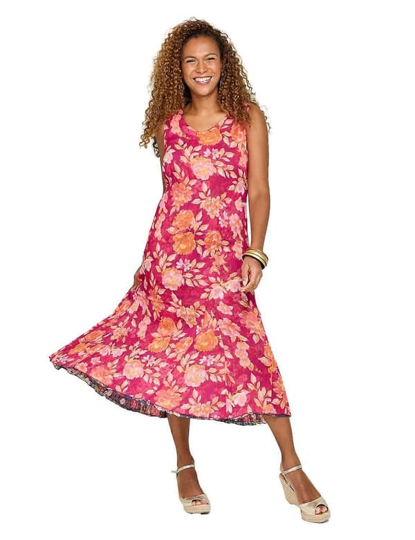 Amber | Damer | Vendbar Sommerkjole Blomstret 2-i-1 (Navy Cerise, 12 Lang)
