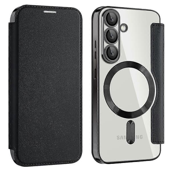 Til Samsung Galaxy S25+ Telefon Cover, Kompatibel med MagSafe RFID Blokerende Læder Telefon Cover - Sort (Sort)