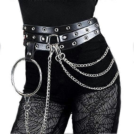 Punk Taljebælte Kæde Læder Sort Mavekæder Lagdelt Goth Kropstilbehør til Kvinder og Piger