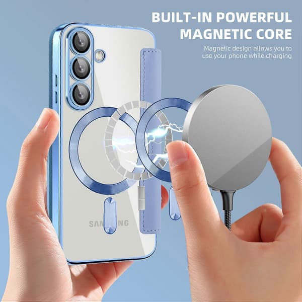 Til Samsung Galaxy S25+ Telefon Cover, Kompatibelt med MagSafe RFID Blokerende Læder Telefon Cover - Blå (Blå)