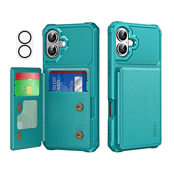 För iPhone 16 Plånboksfodral Kortplats PU Läder + Baksida Mobilskal med Kameralinsskydd (Cyan)