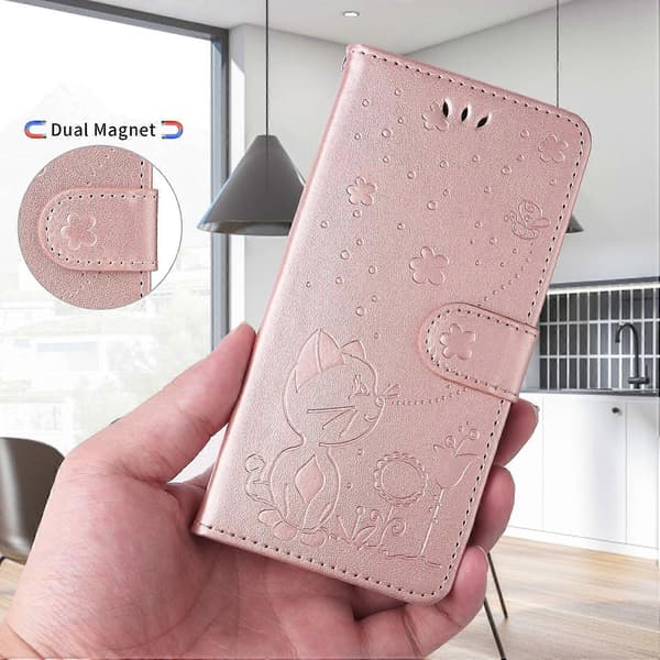 Læder Wallet Case til iPhone 17 Pro med Kat og Bi Mønster, Beskyttende Telefonholder