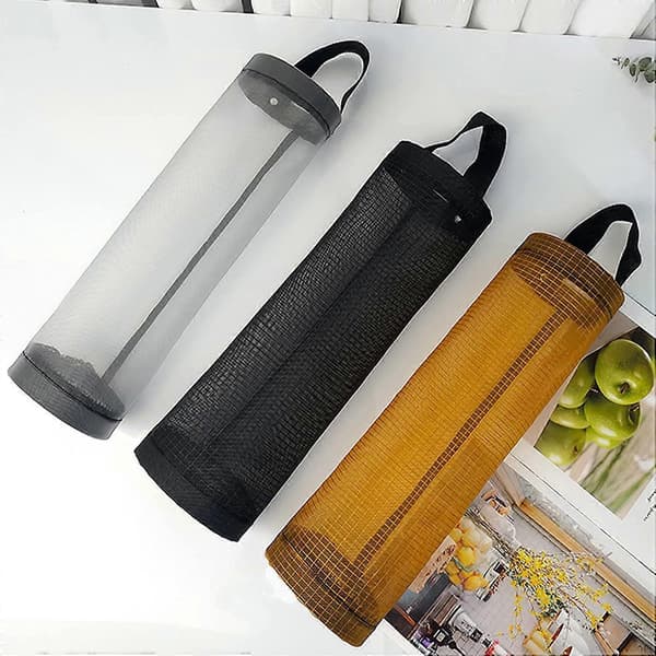 Oppbevaringspose for søppelsekker, plastpose, hengende nettpose, svart, grå, gul, 3 farger sett
